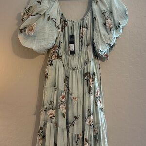 Fashion Nova Sage Green Floral Midi Dress with Puff Sleeves